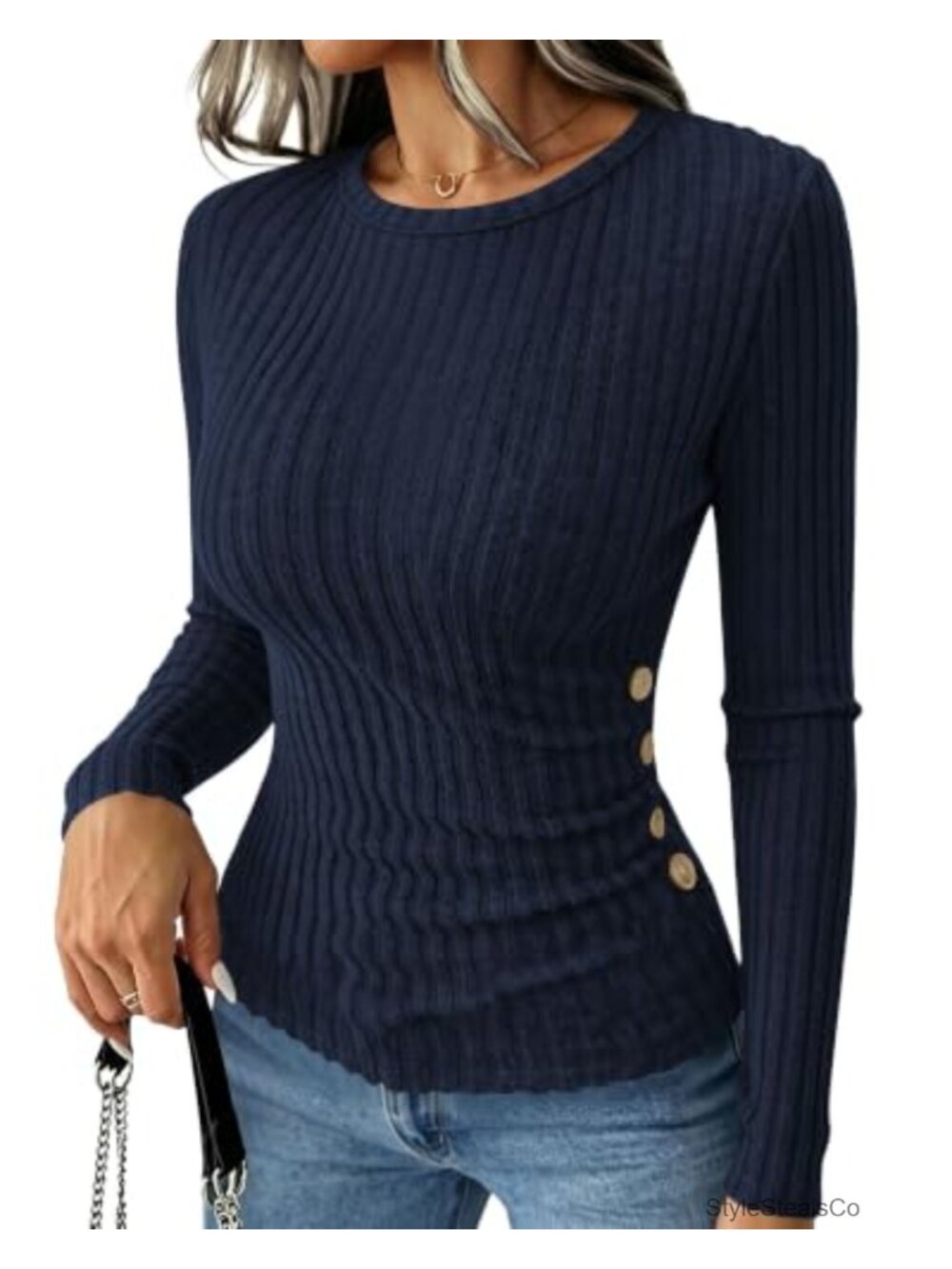 Women's Long Sleeve Fitted Crewneck Knit Tops with Decorative Buttons